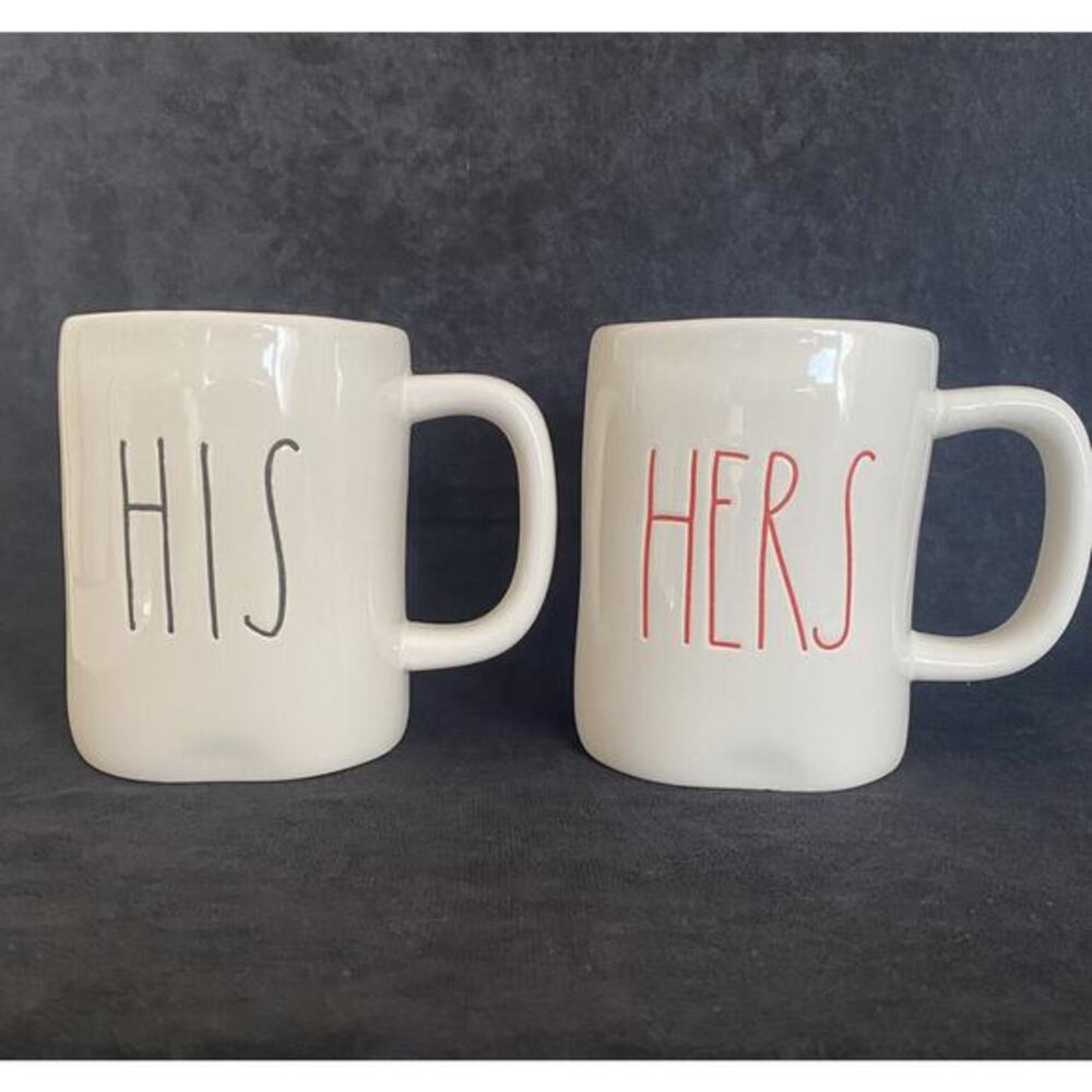 Rae Dunn His And Hers‎ Set Coffee/Tea Cups Black And Pink Letter 16 Oz Capacity